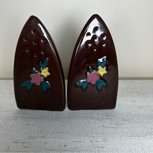 Vintage Ceramic Brown Flat Iron Shaped Salt & Pepper Shakers 1960’s